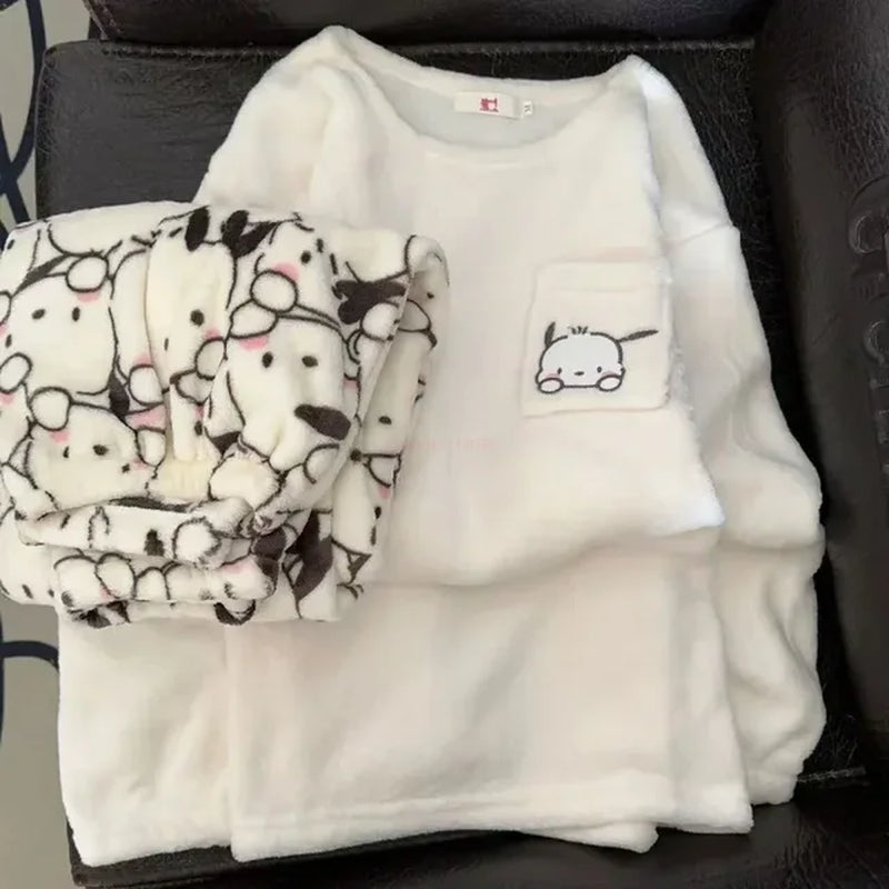 Kawaii Sanrio Hello Kitty Pajamas Cartoon Soft Stuff Female Flannel Winter the New plus Velvet Thicken Sweet Keep Warm Tracksuit