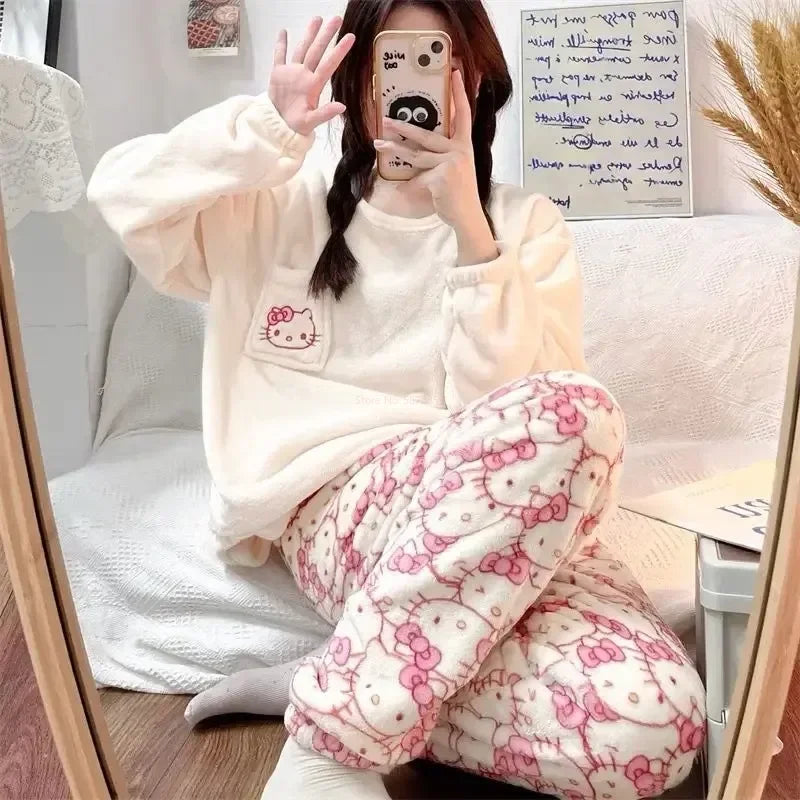 Kawaii Sanrio Hello Kitty Pajamas Cartoon Soft Stuff Female Flannel Winter the New plus Velvet Thicken Sweet Keep Warm Tracksuit